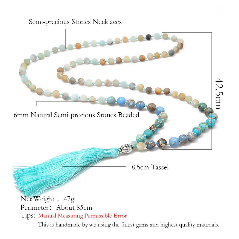 Frosted Amazonite & Emperor Stone 108 Mala Beads Knotted Necklace Men Women Yoga Blessing Jewelry with Buddha Head and Tassels