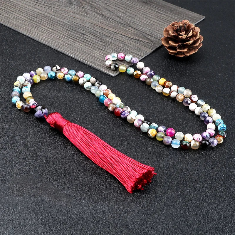 108 Mala Natural Stone Necklace 6mm Multicolor Fire Agates Handmade Beaded Red Tassel Long Necklaces Charm Jewelry for Women Men