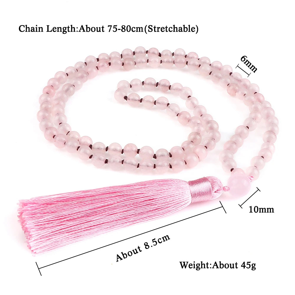 Pink Quartz 108 Beads Necklace Fashion Women 6mm Natural Stone Crystal Tassel Long Necklaces Meditation Yoga Spirit Mala Jewelry