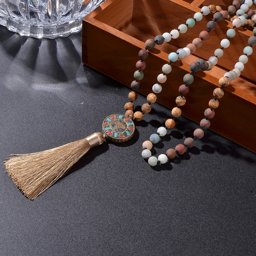 8mm Natural Stone Beads Knotted 108 Mala Necklace Meditation Yoga Prayer Rosary with Six Character Pendant Jewellery