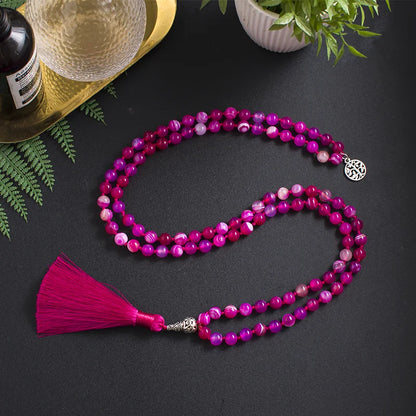 8mm Rose Red Striped Agate Mala Necklace 108 Japamala Beaded Knotted Meditation Yoga Spiritual Life Tree Woman Jewelry Sets