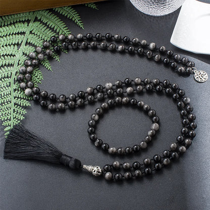 8mm Natural Obsidian Beaded Knotted Mala Necklace 108 Japamala Meditation Yoga Rosary Jewelry with Tree of Life Pendant