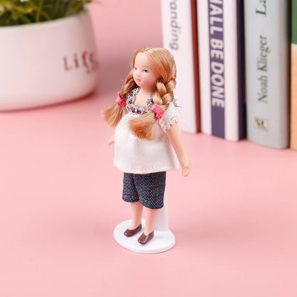 Dollhouse Vintage Ceramic Doll Little Girl with White Dress Clothing Stand Collection