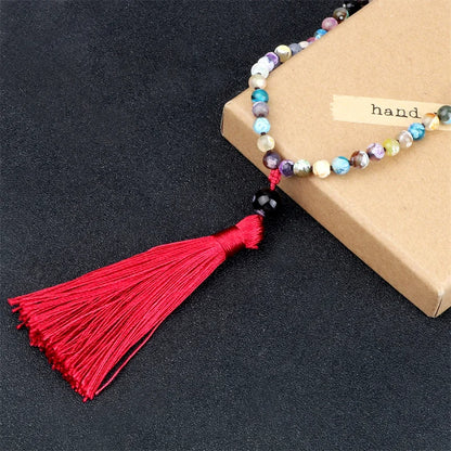 108 Mala Natural Stone Necklace 6mm Multicolor Fire Agates Handmade Beaded Red Tassel Long Necklaces Charm Jewelry for Women Men