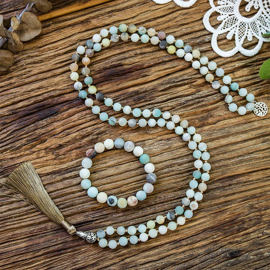 8mm Matte Amazonite Stone Beaded Knotted Necklace 108 Japa Mala Meditation Yoga Tibetan Pendent Jewelry 10mm Bracelet Sets