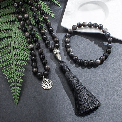 8mm Natural Obsidian Beaded Knotted Mala Necklace 108 Japamala Meditation Yoga Rosary Jewelry with Tree of Life Pendant