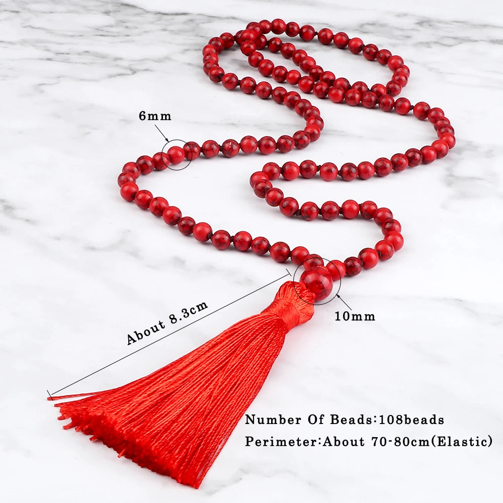 108 Mala Prayer Necklace 6mm Lucky Red Natural Stone Beaded Tassel Ethnic Necklace Women Men Meditation Yoga Spirit Jewelry Gift