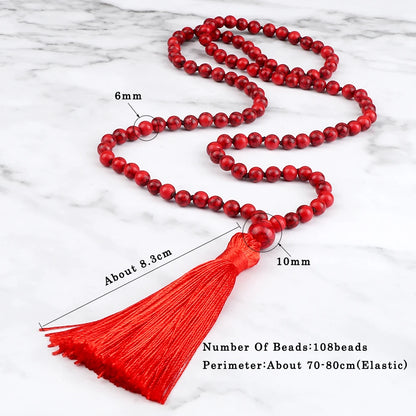 108 Mala Prayer Necklace 6mm Lucky Red Natural Stone Beaded Tassel Ethnic Necklace Women Men Meditation Yoga Spirit Jewelry Gift