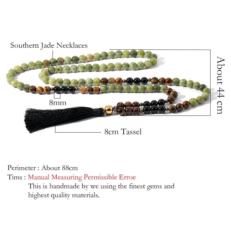 108 Mala Beaded Necklace 8MM Southernjade & Black Onyx Japamala Blessing Meditation Buddha Head Tassel Yoga Jewelry