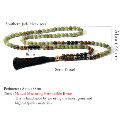 108 Mala Beaded Necklace 8MM Southernjade & Black Onyx Japamala Blessing Meditation Buddha Head Tassel Yoga Jewelry