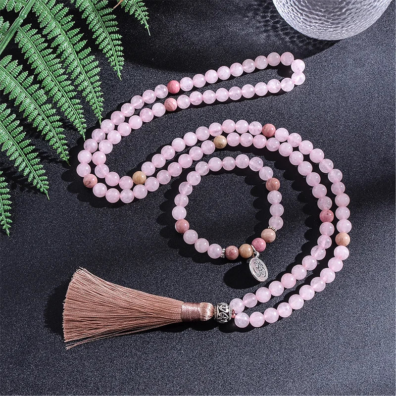8mm Natural Rhodolite Rose Quartz Beaded Necklace Set Meditation Yoga Spirit Jewelry 108 Japa Mala Rosary with OM Pendant