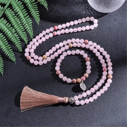 8mm Natural Rhodolite Rose Quartz Beaded Necklace Set Meditation Yoga Spirit Jewelry 108 Japa Mala Rosary with OM Pendant
