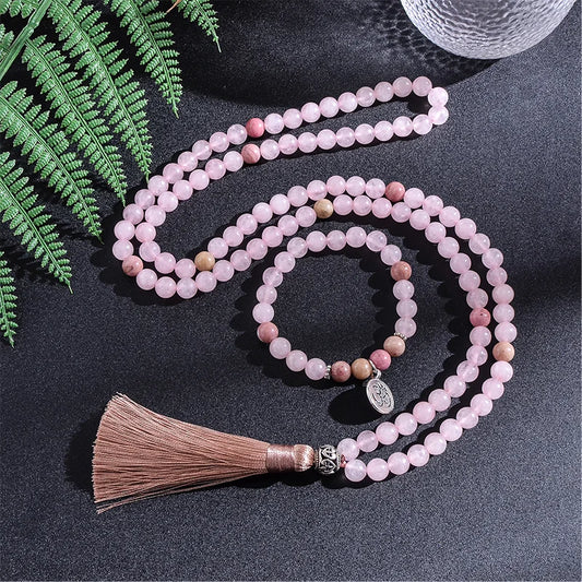 8mm Natural Rhodolite Rose Quartz Beaded Necklace Set Meditation Yoga Spirit Jewelry 108 Japa Mala Rosary with OM Pendant