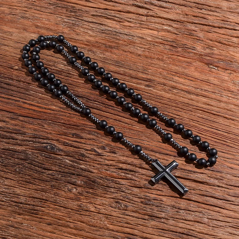 Matte Black Onyx Beaded Catholic Christian Rosary Necklace Cross Pendant Men and Women Meditation Mala Jewelry