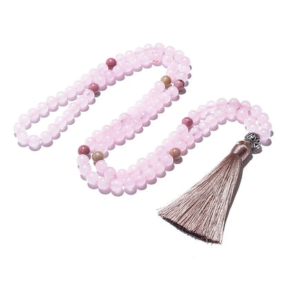 8mm Natural Rhodolite Rose Quartz Beaded Necklace Set Meditation Yoga Spirit Jewelry 108 Japa Mala Rosary with OM Pendant