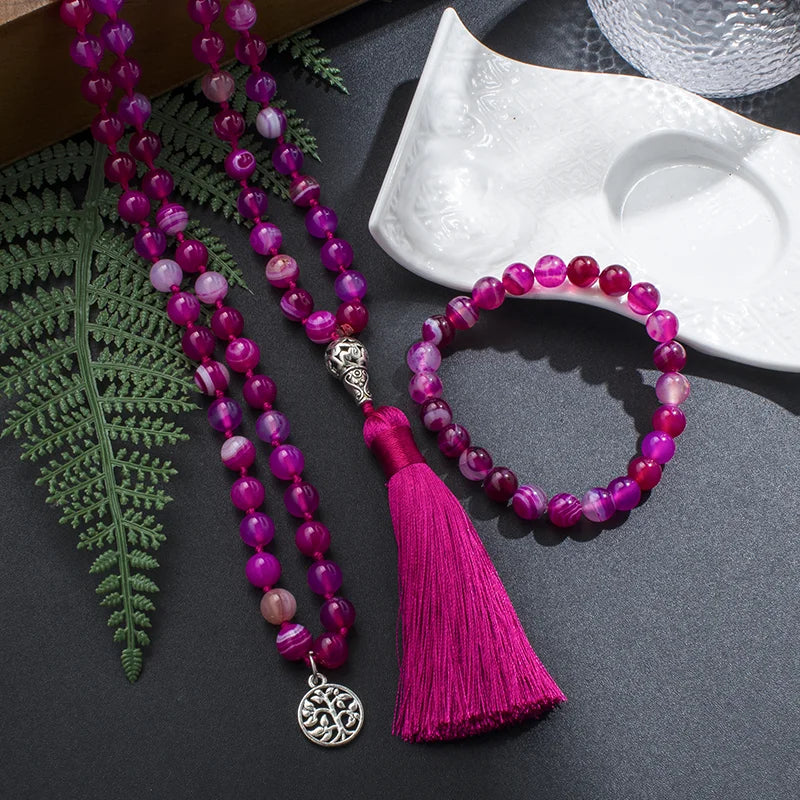8mm Rose Red Striped Agate Mala Necklace 108 Japamala Beaded Knotted Meditation Yoga Spiritual Life Tree Woman Jewelry Sets