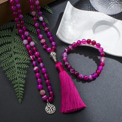 8mm Rose Red Striped Agate Mala Necklace 108 Japamala Beaded Knotted Meditation Yoga Spiritual Life Tree Woman Jewelry Sets