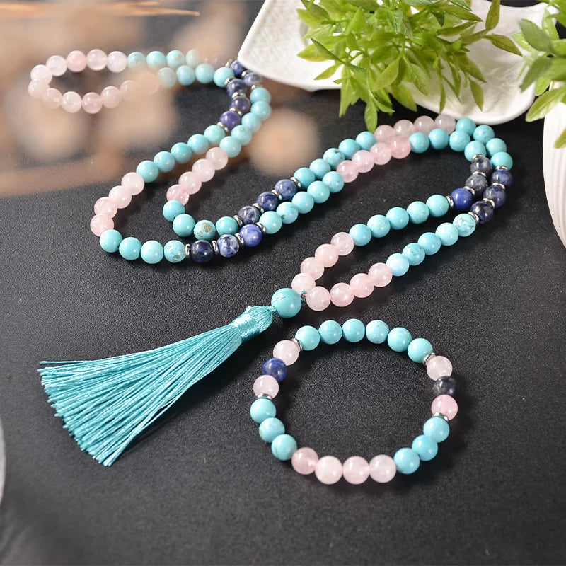 8mm Blue Turquoise Rose Quartz Blue Sodalite Beaded Mala Necklace Meditation Yoga Blessing Rosary 108 Japamala Jewelry Sets