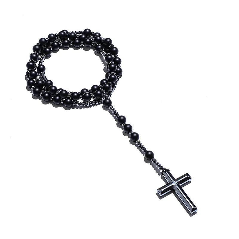 Matte Black Onyx Beaded Catholic Christian Rosary Necklace Cross Pendant Men and Women Meditation Mala Jewelry