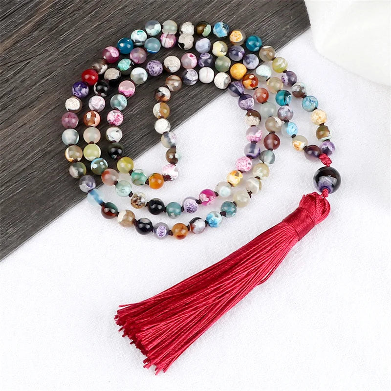 108 Mala Natural Stone Necklace 6mm Multicolor Fire Agates Handmade Beaded Red Tassel Long Necklaces Charm Jewelry for Women Men