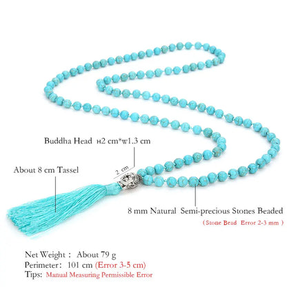 6/8mm Blue Turquoise Beads Knotted 108 Japa Mala Necklace Meditation Yoga Praying Tibetan Tassel Buddha Head Rosary Jewelry