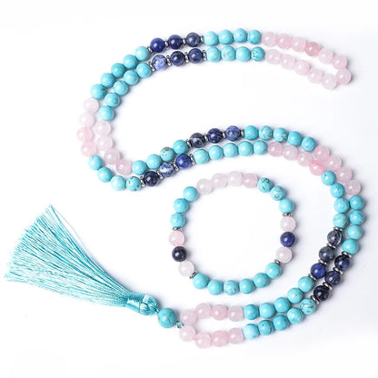 8mm Blue Turquoise Rose Quartz Blue Sodalite Beaded Mala Necklace Meditation Yoga Blessing Rosary 108 Japamala Jewelry Sets