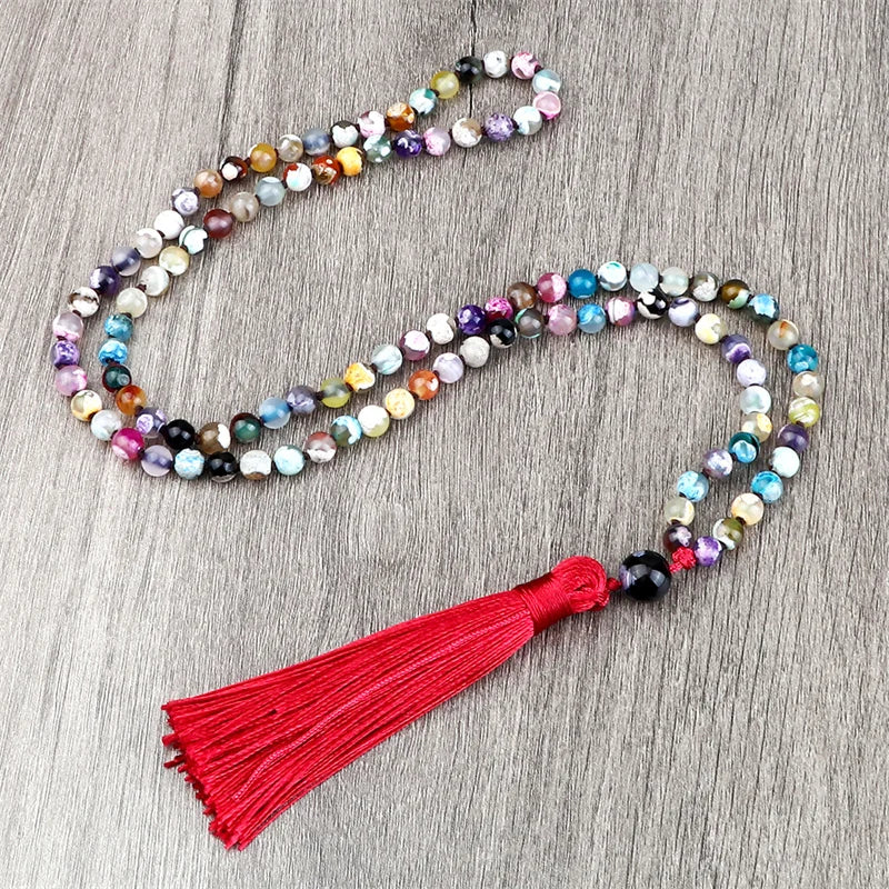 108 Mala Natural Stone Necklace 6mm Multicolor Fire Agates Handmade Beaded Red Tassel Long Necklaces Charm Jewelry for Women Men