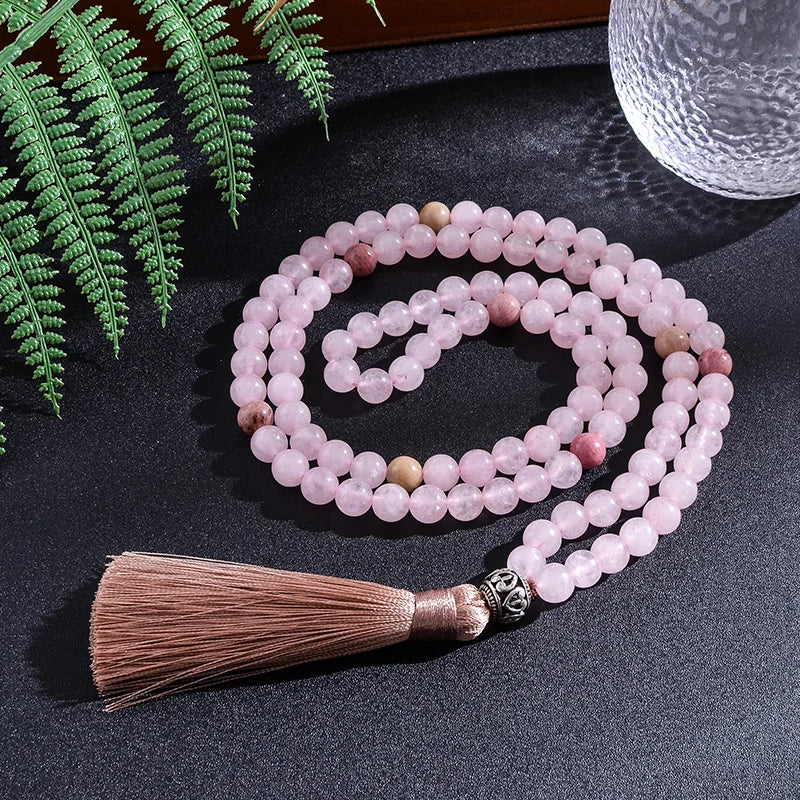 8mm Natural Rhodolite Rose Quartz Beaded Necklace Set Meditation Yoga Spirit Jewelry 108 Japa Mala Rosary with OM Pendant