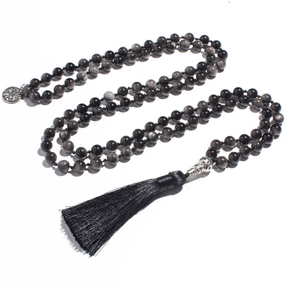 8mm Natural Obsidian Beaded Knotted Mala Necklace 108 Japamala Meditation Yoga Rosary Jewelry with Tree of Life Pendant