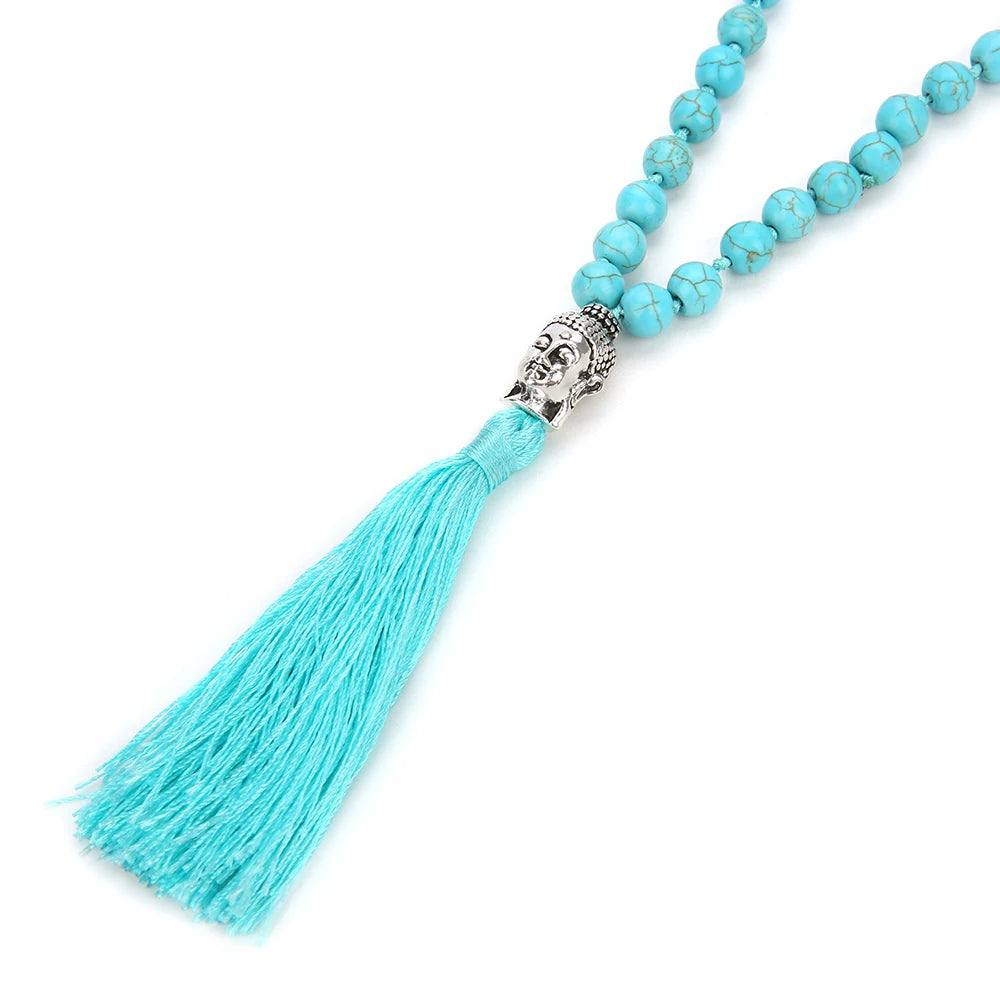 6/8mm Blue Turquoise Beads Knotted 108 Japa Mala Necklace Meditation Yoga Praying Tibetan Tassel Buddha Head Rosary Jewelry