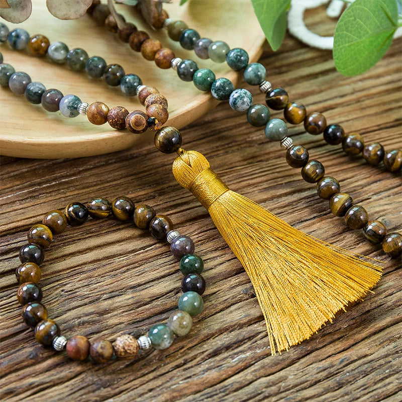 8mm Natural Yellow Tiger Eyes Indian Agate Tree Pattern Onyx 108 Japa Mala Beaded Necklace Meditation Yoga Tibetan Jewelry Sets