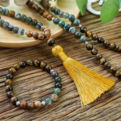 8mm Natural Yellow Tiger Eyes Indian Agate Tree Pattern Onyx 108 Japa Mala Beaded Necklace Meditation Yoga Tibetan Jewelry Sets