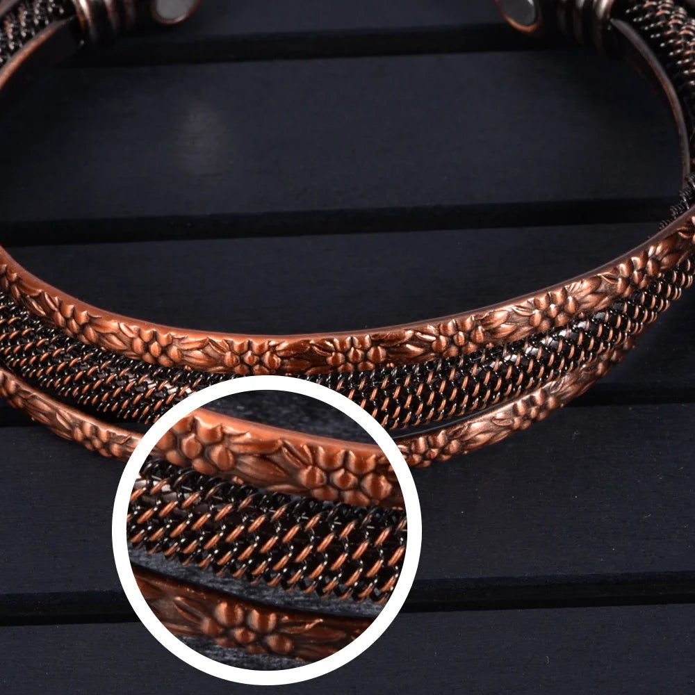 Twisted Pure Copper Bracelet Magnetic Vintage Flowers Health Energy Bangles Benefits Adjustable Open Cuff Jewelry for Men Women