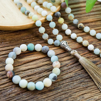 8mm Matte Amazonite Stone Beaded Knotted Necklace 108 Japa Mala Meditation Yoga Tibetan Pendent Jewelry 10mm Bracelet Sets