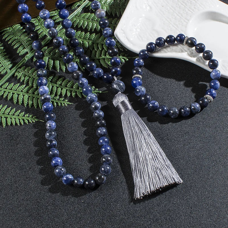 8mm Natural Sodalite Japamala Necklace Meditation Yoga Spirit Jewelry Set 108 Mala Beaded Women's Fashion Rosary Tassel Pendant