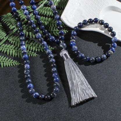 8mm Natural Sodalite Japamala Necklace Meditation Yoga Spirit Jewelry Set 108 Mala Beaded Women's Fashion Rosary Tassel Pendant