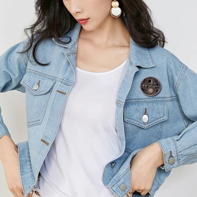 Sun Moon Cloud Stars Yinyang Badge Moon Shaped Enamel Pin Day and Night Round Brooch Accessory