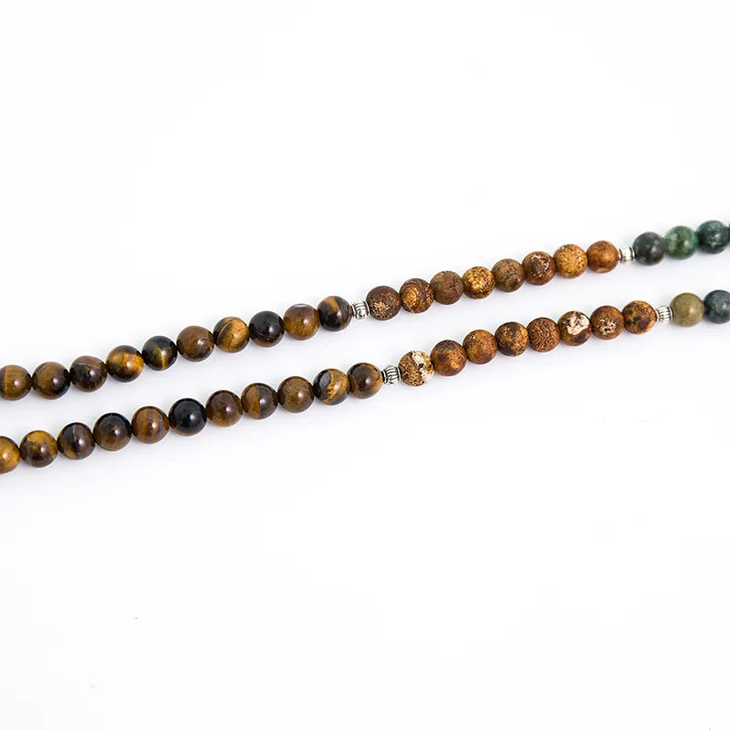 8mm Natural Yellow Tiger Eyes Indian Agate Tree Pattern Onyx 108 Japa Mala Beaded Necklace Meditation Yoga Tibetan Jewelry Sets