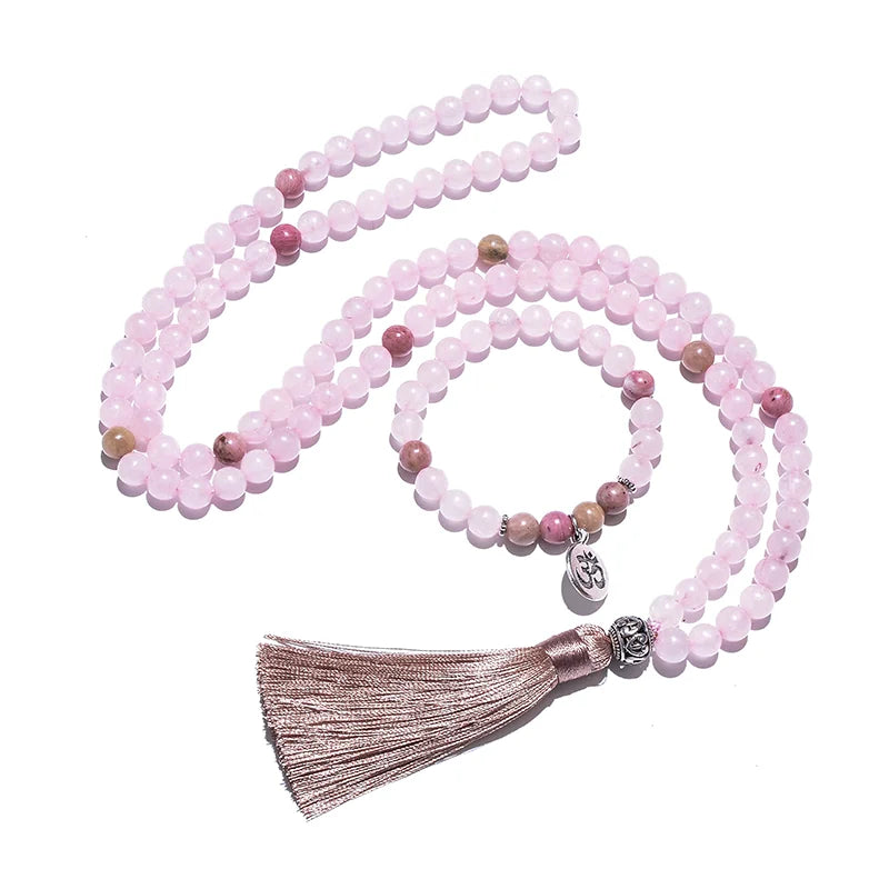 8mm Natural Rhodolite Rose Quartz Beaded Necklace Set Meditation Yoga Spirit Jewelry 108 Japa Mala Rosary with OM Pendant