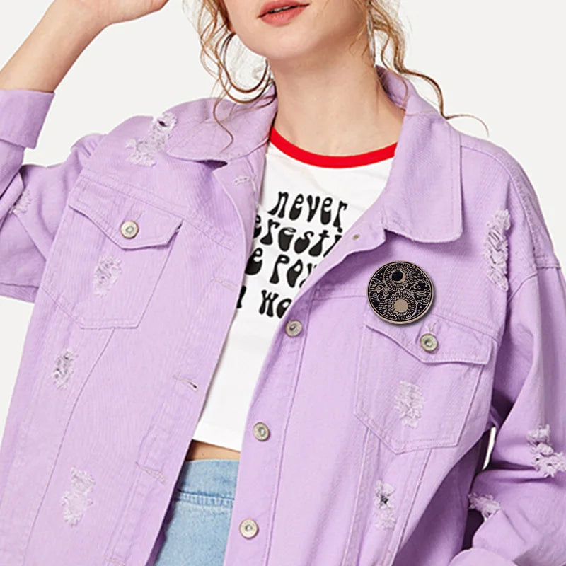 Sun Moon Cloud Stars Yinyang Badge Moon Shaped Enamel Pin Day and Night Round Brooch Accessory