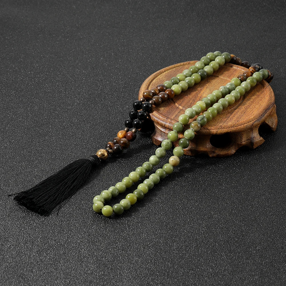 108 Mala Beaded Necklace 8MM Southernjade & Black Onyx Japamala Blessing Meditation Buddha Head Tassel Yoga Jewelry