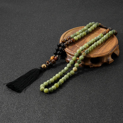 108 Mala Beaded Necklace 8MM Southernjade & Black Onyx Japamala Blessing Meditation Buddha Head Tassel Yoga Jewelry