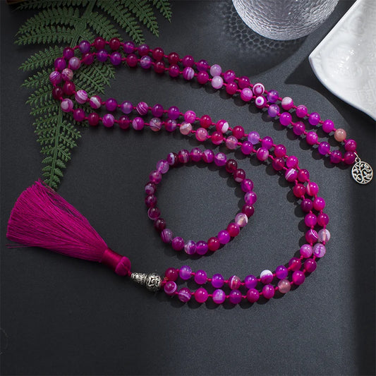 8mm Rose Red Striped Agate Mala Necklace 108 Japamala Beaded Knotted Meditation Yoga Spiritual Life Tree Woman Jewelry Sets