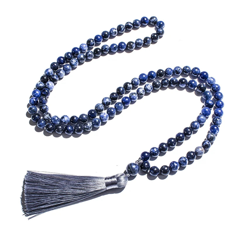 8mm Natural Sodalite Japamala Necklace Meditation Yoga Spirit Jewelry Set 108 Mala Beaded Women's Fashion Rosary Tassel Pendant