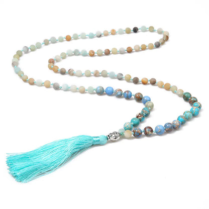 Frosted Amazonite & Emperor Stone 108 Mala Beads Knotted Necklace Men Women Yoga Blessing Jewelry with Buddha Head and Tassels