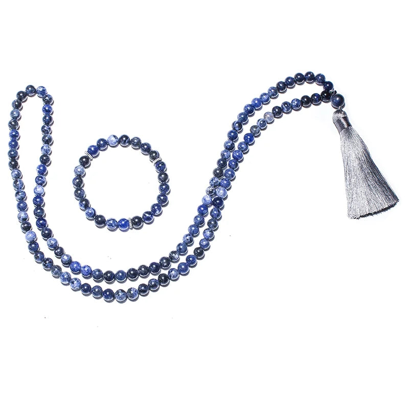 8mm Natural Sodalite Japamala Necklace Meditation Yoga Spirit Jewelry Set 108 Mala Beaded Women's Fashion Rosary Tassel Pendant