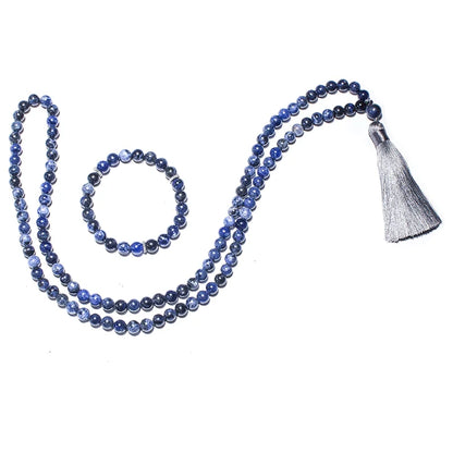 8mm Natural Sodalite Japamala Necklace Meditation Yoga Spirit Jewelry Set 108 Mala Beaded Women's Fashion Rosary Tassel Pendant