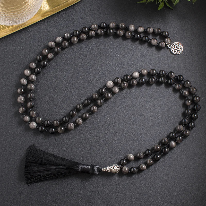 8mm Natural Obsidian Beaded Knotted Mala Necklace 108 Japamala Meditation Yoga Rosary Jewelry with Tree of Life Pendant