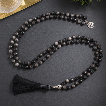 8mm Natural Obsidian Beaded Knotted Mala Necklace 108 Japamala Meditation Yoga Rosary Jewelry with Tree of Life Pendant