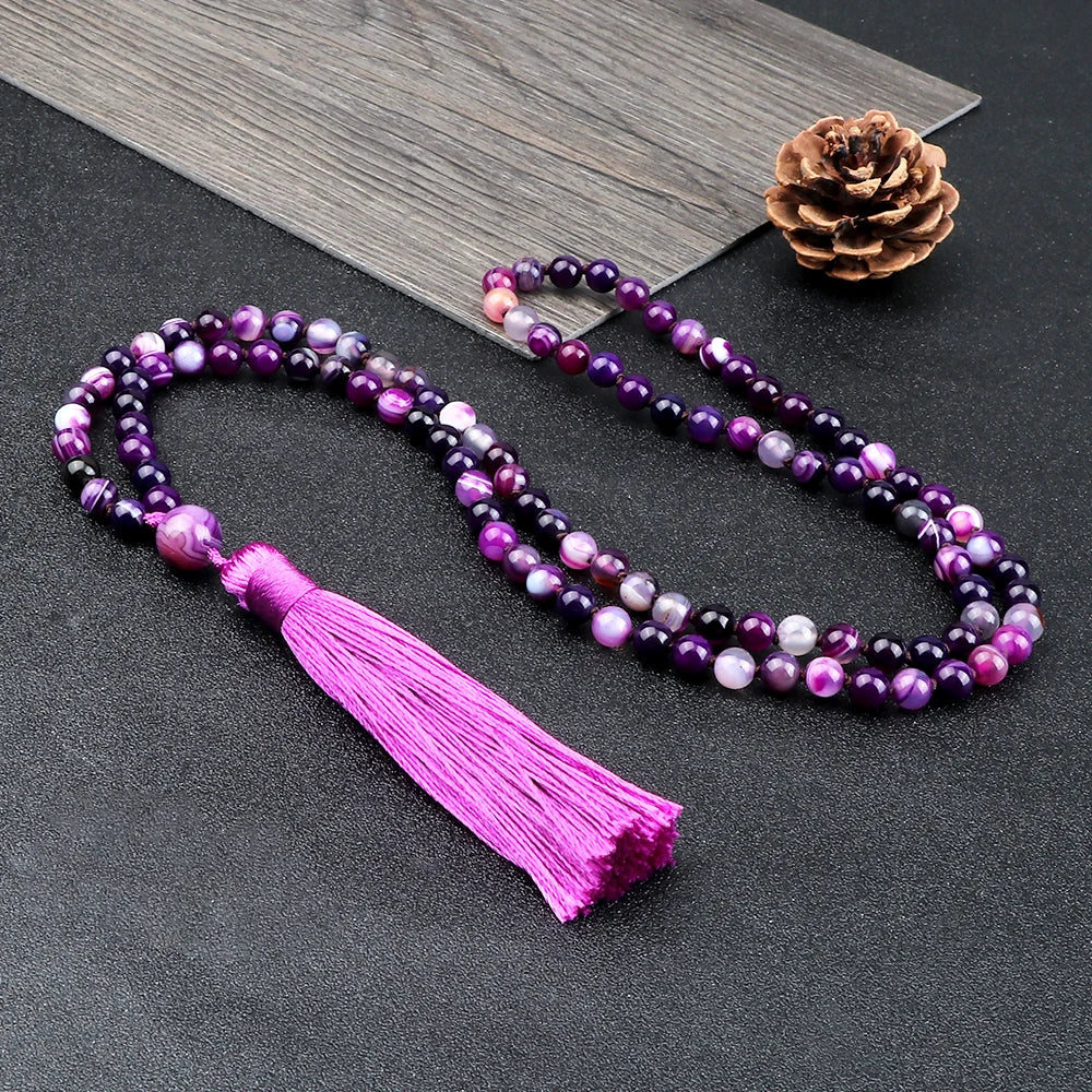 108 Beads Prayer Necklace Natural Green Stripe Onyx Stone Buddhist Buddha Meditation Bead Mala Necklace Women Men Jewelry Gifts